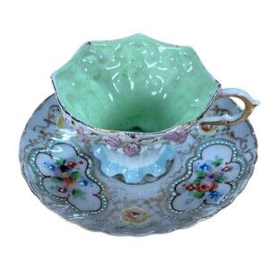 Antique Demitasse Cup & Saucer Handpainted Gilded Floral Collectible Elegant